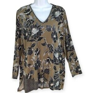 Susan Graver Tunic Top Women's Large Liquid Knit  Black Tan Hi Low Long Sleeve